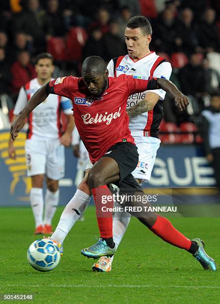 Guingamp's French forward Yannis Salibur vies with Nice's Brazilian midfielder Wallyson Mallmann during the French Ligue Cup football match Guingamp...