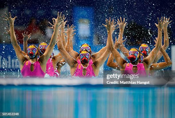 The Mexico team compete in the Women's Team Free Synchronised Swimming Preliminary on day four of the 16th FINA World Championships at the Kazan...