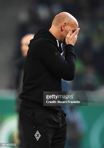 Andre Schubert, head coach of Gladbach reacts during the DFB Pokal match between Borussia Moenchengladbach and Werder Bremen at Borussia-Park on...