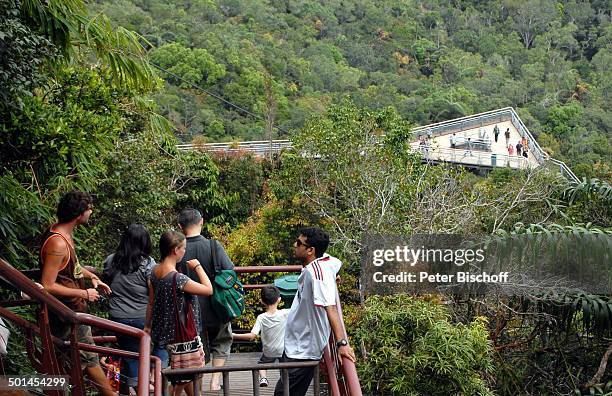 Besucher, Panorama-Blick vom 700 Meter hohen Berg über Dschungel auf Hängebrücke "Sky-Bridge" , Provinz Pantai Tengah, Insel Langkawi, Malaysia,...