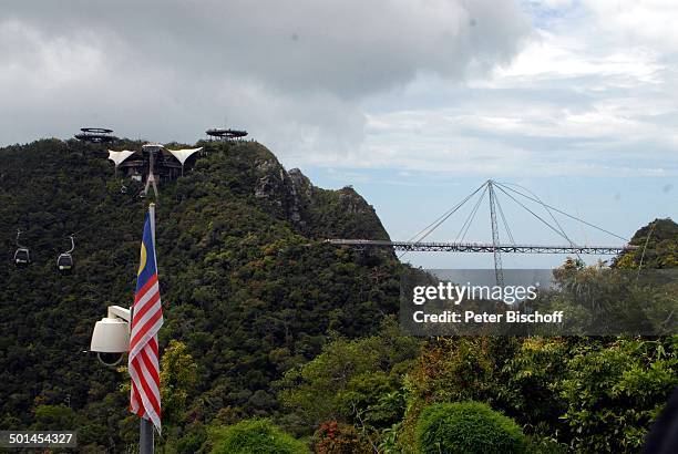 Panorama-Blick vom 700 Meter hohen Berg über Dschungel auf Hängebrücke "Sky-Bridge" , dahinter Meer Andamanen-See, Provinz Pantai Tengah, Insel...