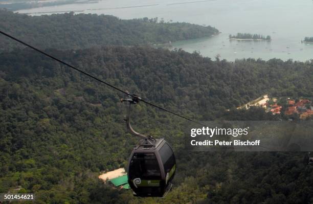 Blick aus Gondel auf Dschungel und Küste Meer Adamanen-See, Abfahrt von Bergstation mit Seilbahn bei "Sky Bridge" , Provinz Pantai Tengah, Insel...