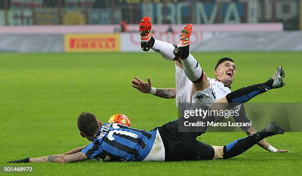 Marcelo Brozovic of FC Internazionale Milano clashes with Fabio Pisacane of Cagliari Calcio during the TIM Cup match between FC Internazionale Milano...