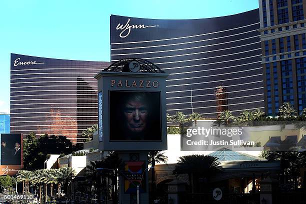 An image of republican presidential candidate Donald Trump appears on a marquee outside of the The Palazzo Las Vegas before the CNN republican...