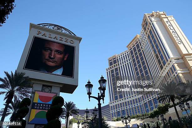 An image of republican presidential candidate Ted Cruz appears on a marquee outside of the The Palazzo Las Vegas before the CNN republican...