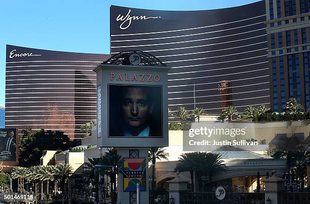 An image of republican presidential candidate Donald Trump appears on a marquee outside of the The Palazzo Las Vegas before the CNN republican...