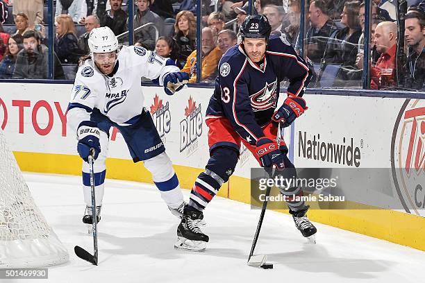 Victor Hedman of the Tampa Bay Lightning defends against David Clarkson of the Columbus Blue Jackets on December 14, 2015 at Nationwide Arena in...