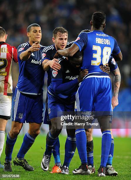 Kenwyne Jones of Cardiff City celebrates his sides third goal during the Sky Bet Championship match between Cardiff City and Brentford at the Cardiff...