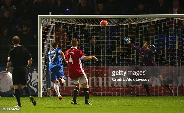 Scott Fenwick of Hartlepool United scores the first goal in extra time during the Emirates FA Cup second round replay match between Hartlepool United...
