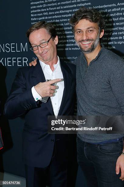 Galerist Thaddaeus Ropac and Tenor Jonas Kaufmann attend the Anselm Kiefer's Exhibition : Press Preview, held at Centre Pompidou on December 15, 2015...