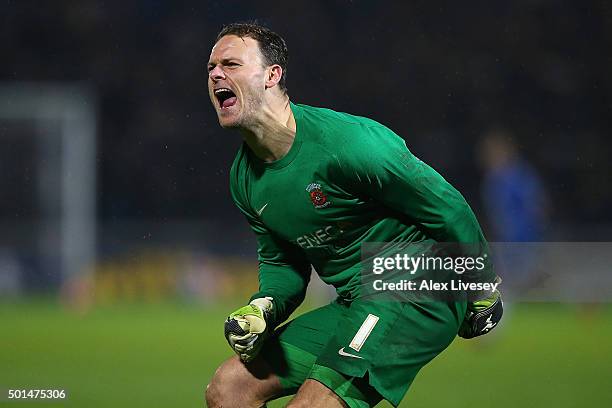 Trevor Carson of Hartlepool United celebrates his team's second goal in extra time during the Emirates FA Cup second round replay match between...