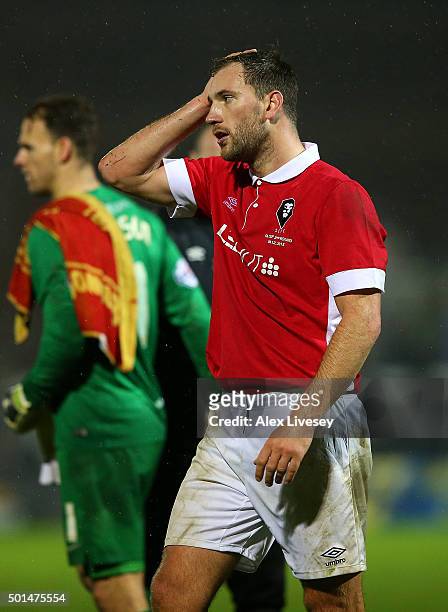 Steven Howson of Salford City reacts at the end of the Emirates FA Cup second round replay match between Hartlepool United and Salford City at...