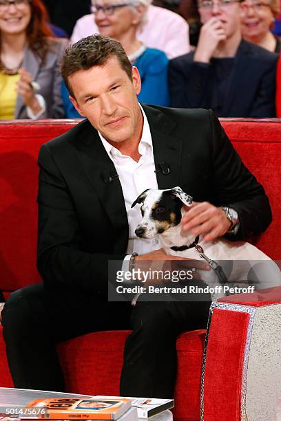 Host Benjamin Castaldi and his dog attend the 'Vivement Dimanche' French TV Show at Pavillon Gabriel on December 15, 2015 in Paris, France.