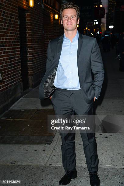 Actor Jonathan Groff enters the "The Late Show With Stephen Colbert" at the Ed Sullivan Theater on December 15, 2015 in New York City.