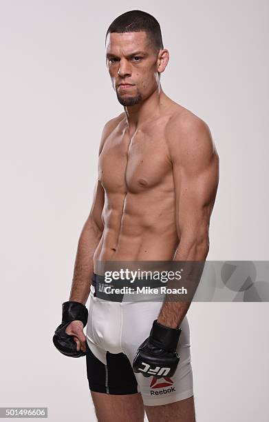 Nate Diaz poses for a portrait during a UFC photo session at the Hyatt Regency Orlando on December 15, 2015 in Orlando, Florida.
