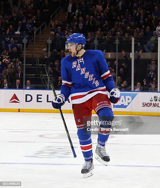 Dylan McIlrath of the New York Rangers celebrates his first NHL goal against the Edmonton Oilers at 7:54 of the second period at Madison Square...
