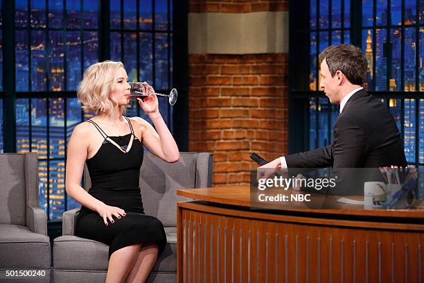 Episode 302 -- Pictured: Actress Jennifer Lawrence during an interview with host Seth Meyers on December 15, 2015 --