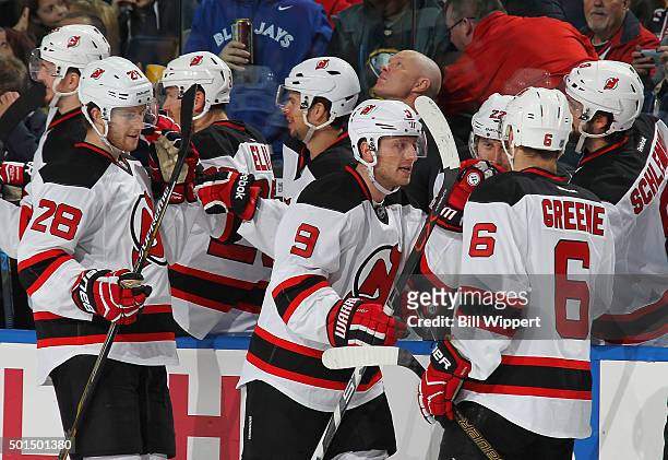 Jiri Tlusty of the New Jersey Devils celebrates his third period goal during their 2-0 victory against the Buffalo Sabres in an NHL game on December...