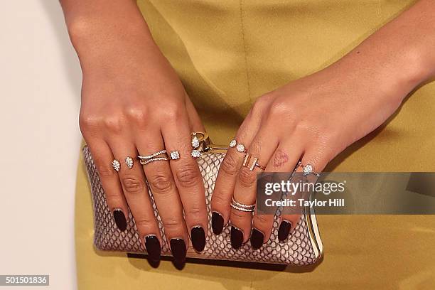 Model Chanel Iman, ring detail, manicure detail, clutch detail, attends the 2015 Sports Illustrated Sportsperson Of The Year Ceremony at Pier Sixty...