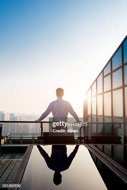 businessman looking at cityscape - skyscraper roof stock pictures, royalty-free photos & images