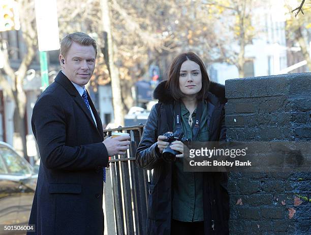 Megan Boone and Diego Klattenhoff on the set of "The Blacklist" on December 15, 2015 in New York City.