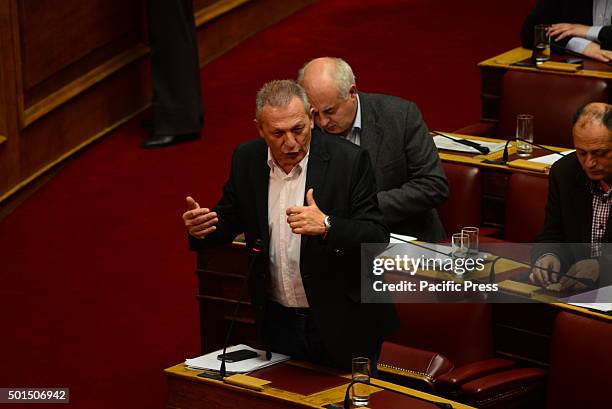 Thanassis Pafilis deputy of Greek Communist party is talking during the session to the Prior Action Multi Bill in Greek Parliament Greek Parliament...