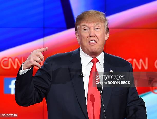 Republican presidential candidate, businessman Donald Trump, speaks during the Republican Presidential Debate, hosted by CNN, at The Venetian Las...