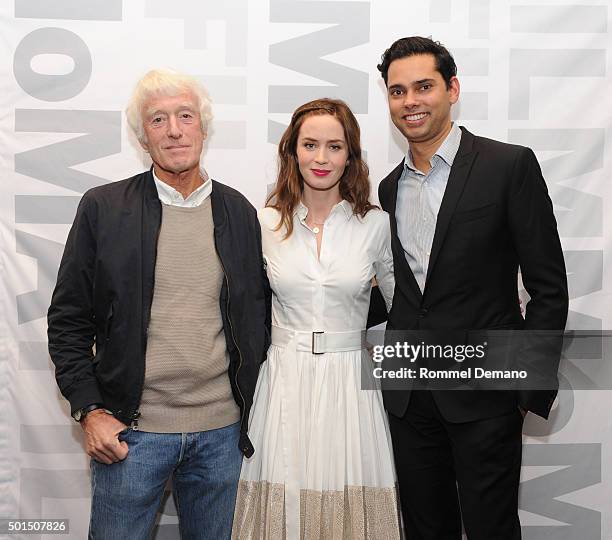 Roger Deakins, Emily Blunt and MoMA Chief Curator of Film Rajendra Roy attend "Sicario" New york Screening at Museum of Modern Art on December 15,...