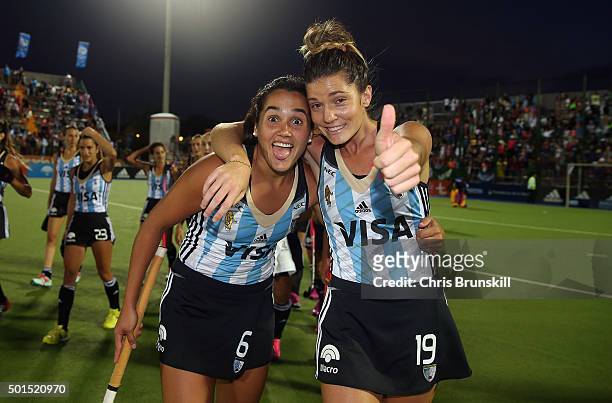 Jimena Cedres and Agustina Albertarrio of Argentina celebrate at full-time after defeating China during Day 8 of the Hockey World League Final...
