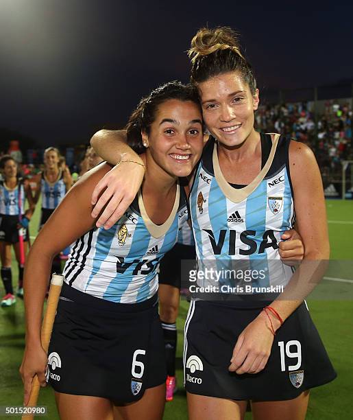 Jimena Cedres and Agustina Albertarrio of Argentina celebrate at full-time after defeating China during Day 8 of the Hockey World League Final...