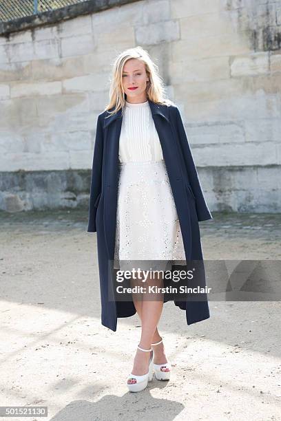 Fashion Consultant Kate Foley wears a Valentino dress and jacket and Celine shoe on day 8 during Paris Fashion Week Spring/Summer 2016/17 on October...