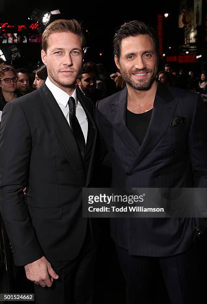 Luke Bracey and Edgar Ramirez attend the premiere of Warner Bros. Pictures and Alcon Entertainment's "Point Break" at TCL Chinese Theatre on December...