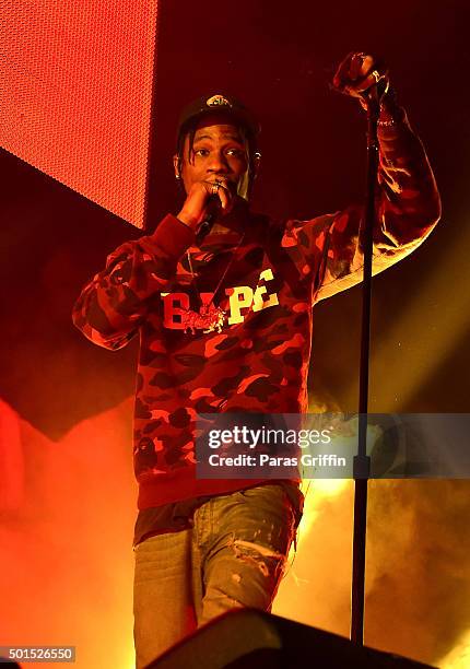 Rapper Travis Scott performs onstage at Philips Arena on December 15, 2015 in Atlanta, Georgia.