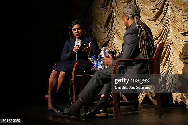 Mindy Kaling and Elvis Mitchell attend a Film Independent at LACMA presentation of an evening with...Mindy Kaling at Bing Theatre At LACMA on...