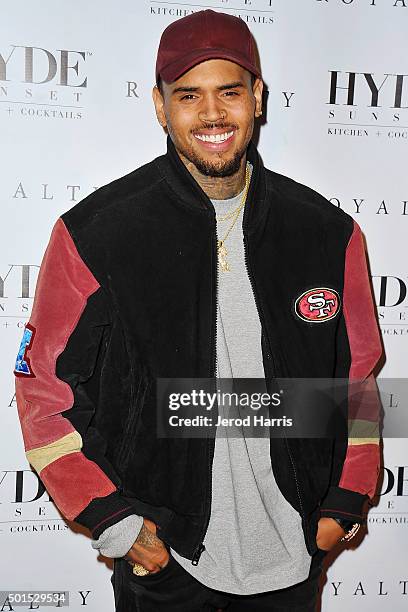 Chris Brown arrives at the listening party for 'Royalty' at HYDE Sunset: Kitchen + Cocktails on December 15, 2015 in West Hollywood, California.