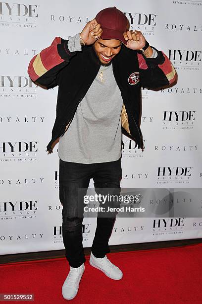 Chris Brown arrives at the listening party for 'Royalty' at HYDE Sunset: Kitchen + Cocktails on December 15, 2015 in West Hollywood, California.