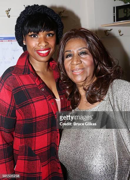 Jennifer Hudson and Aretha Franklin pose backstage at the hit musical "The Color Purple" on Broadway at The Jacobs Theater on December 15, 2015 in...