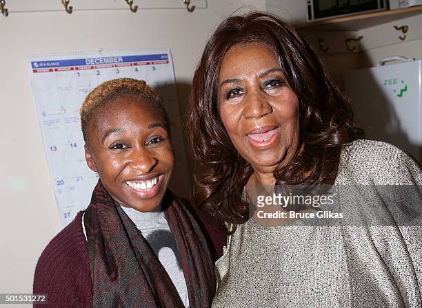 Cynthia Erivo and Aretha Franklin pose backstage at the hit musical "The Color Purple" on Broadway at The Jacobs Theater on December 15, 2015 in New...