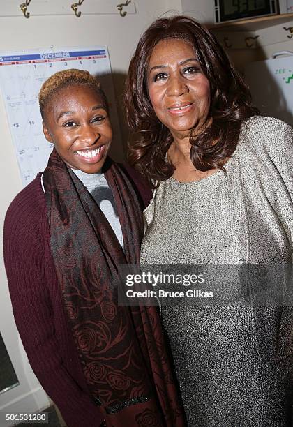 Cynthia Erivo and Aretha Franklin pose backstage at the hit musical "The Color Purple" on Broadway at The Jacobs Theater on December 15, 2015 in New...