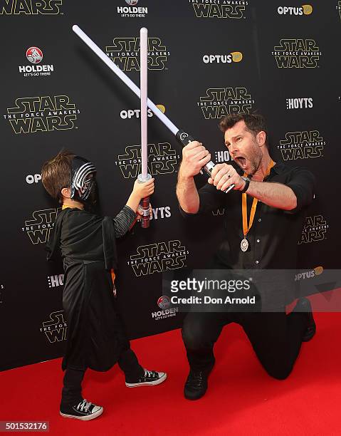 David Campbell and son Leo Campbell arrive ahead of the 'Star Wars: The Force Awakens' Australian premiere on December 16, 2015 in Sydney, Australia.