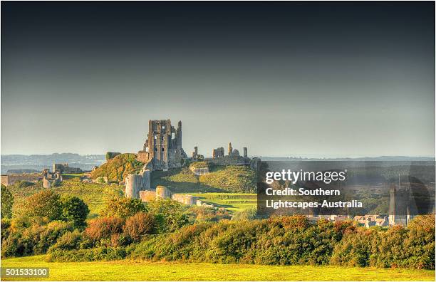 a countryside view near corfe castle, isle of purbeck, dorset, england. - corfe castle stock pictures, royalty-free photos & images