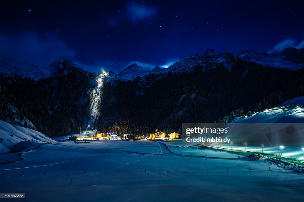 Winter ski resort Hintertux by night, Tirol, Austria