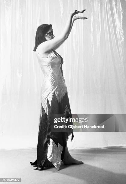 Stacia the dancer with Hawkwind, posed in Amsterdam, Netherlands in 1972.