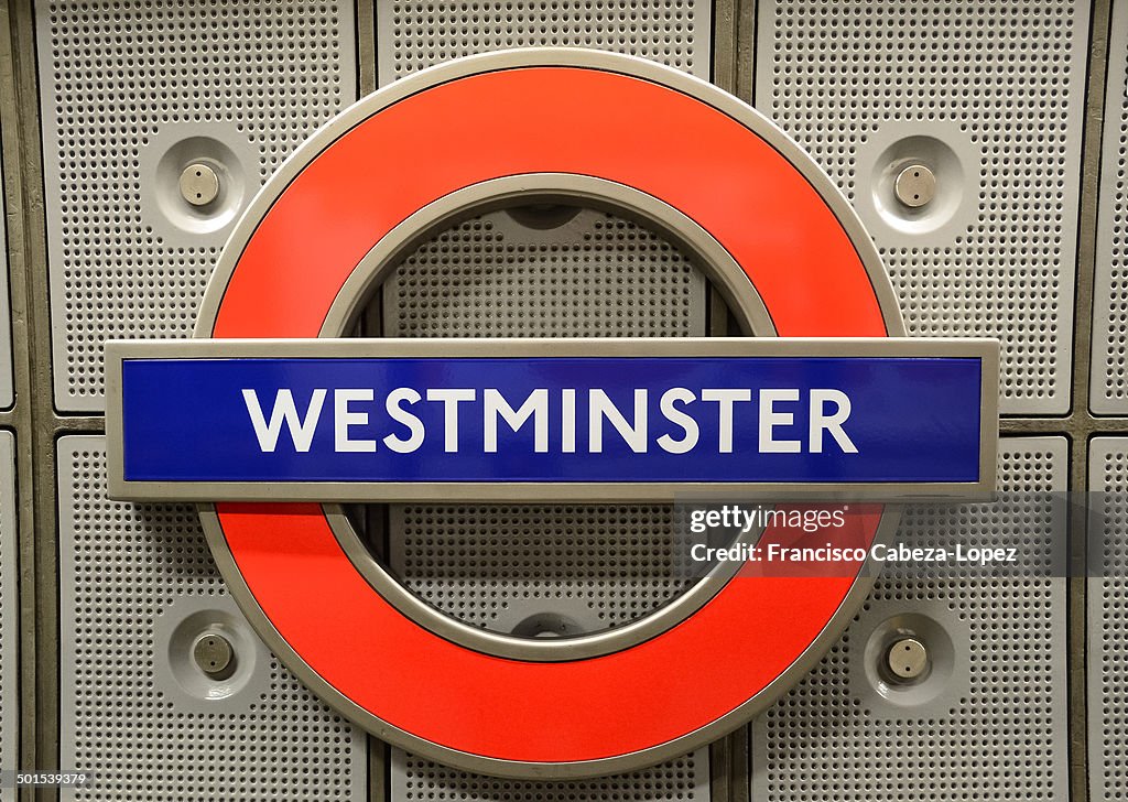 Westminster Underground station sign at platform
