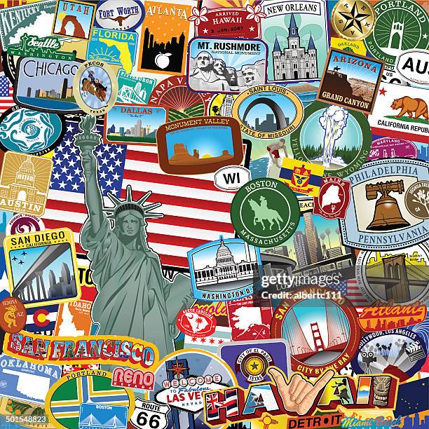 americana sticker collage - boston massachusetts landmark stock illustrations