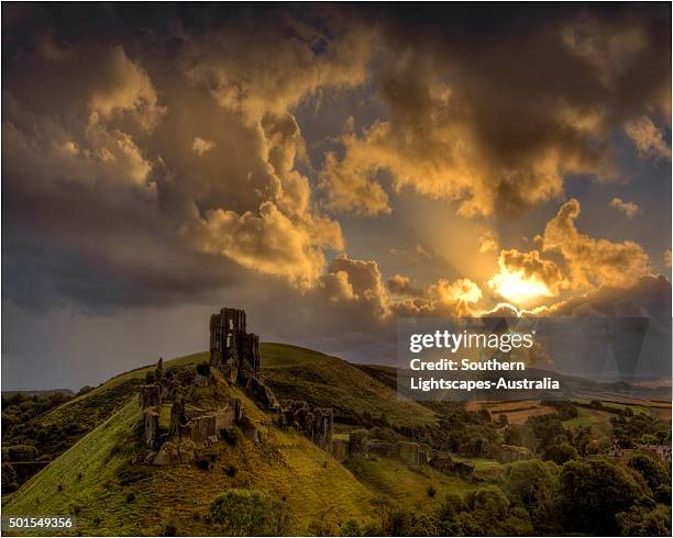 a countryside view near corfe castle, isle of purbeck, dorset, england. - castle in uk stock pictures, royalty-free photos & images