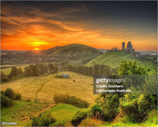 a countryside view near corfe castle, isle of purbeck, dorset, england. - dorset engeland stockfoto's en -beelden