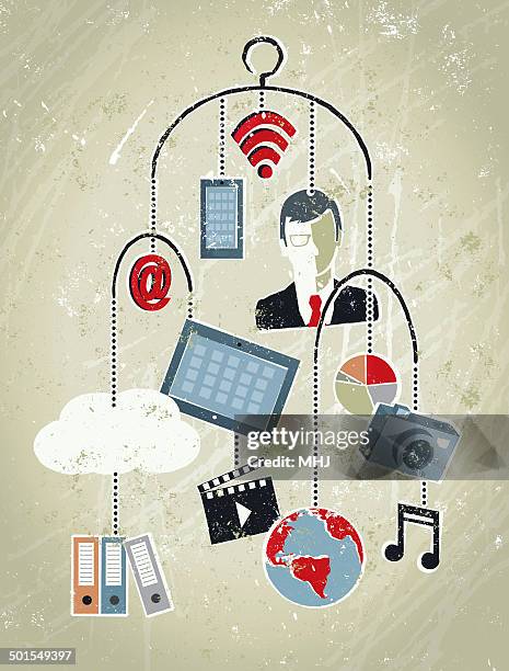 businessman, phone, tablet, globe, cloud and icons. mobile data - man using tablet stock illustrations