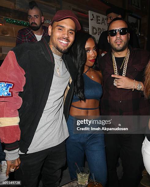 Recording artist Chris Brown, singer Sevyn Streeter, and rapper French Montana attend a listening party for Chris Brown's latest album, 'Royalty' at...