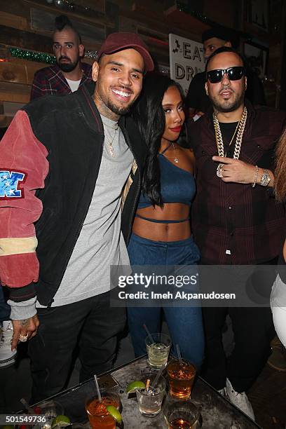 Recording artist Chris Brown, singer Sevyn Streeter, and rapper French Montana attend a listening party for Chris Brown's latest album, 'Royalty' at...